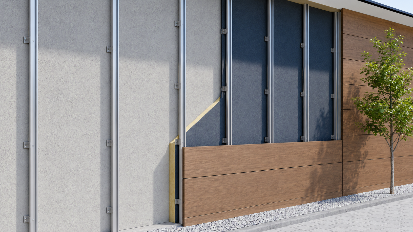חתך חזית מאווררת עם לוחות FIBCO ושכבת בידוד מוגנת